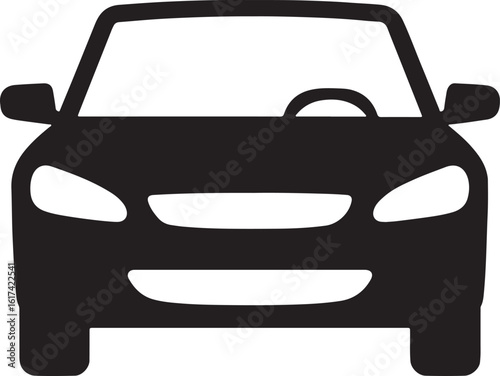 Black Front View Car Silhouette Icon. Front view symbol of auto, vehicle, automobile, sedan, van. Transport, car sharing, or delivery concept. Flat style vector illustration.
