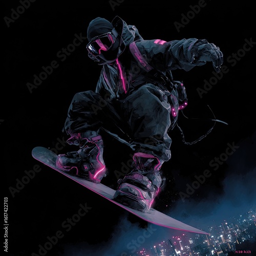 Futuristic snowboarder in mid-air
