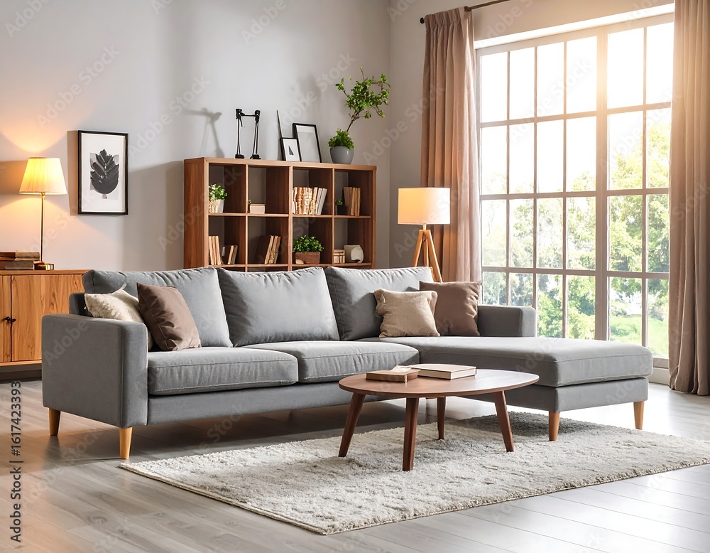 Fototapeta premium Cozy gray sectional sofa in a modern living room