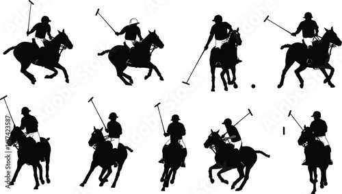 Silhouette vector illustration of polo players on horses, swinging mallets in action, fast-paced equestrian team sport, black figures, competitive motion, horseback athletic game