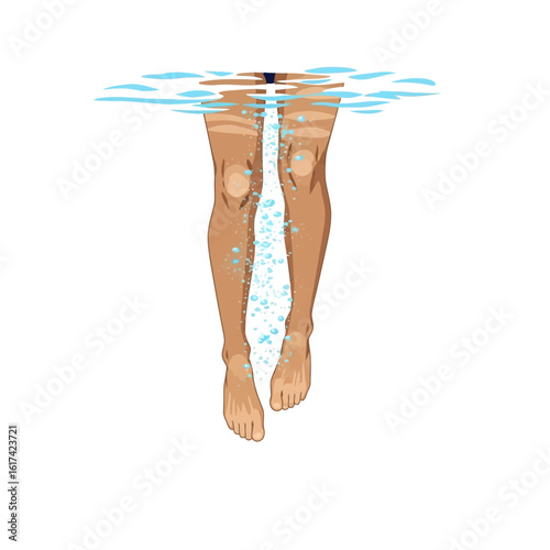 Illustration of a person's legs and feet underwater, with bubbles rising to the surface.