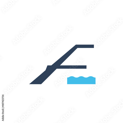Abstract graphic of a diving board in dark blue with a stylized wave in light blue, set against a white background.