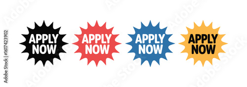 Apply Now Starburst Buttons: Multi-Color Call to Action Badges for Job Applications, Registrations, and Sales Promotions - Vibrant Web Design Elements