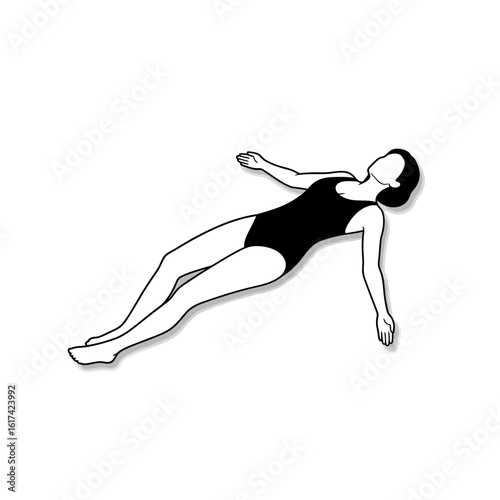 Illustration of a woman floating on her back in water, wearing a swimsuit, with arms outstretched.