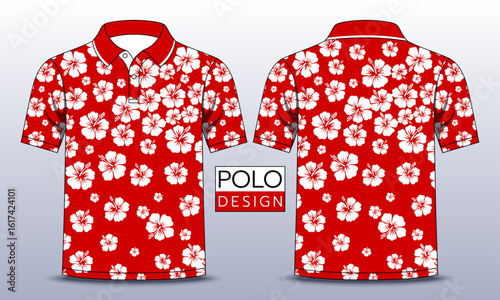 Red polo shirt with white hibiscus pattern, T-shirt mockup template design. Vector Illustration.