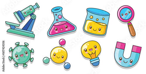 Set of cute kawaii chemistry and science cartoon character illustration