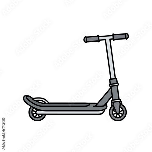 A gray scooter with black outlines stands on a white background, showcasing its simple design and functionality.