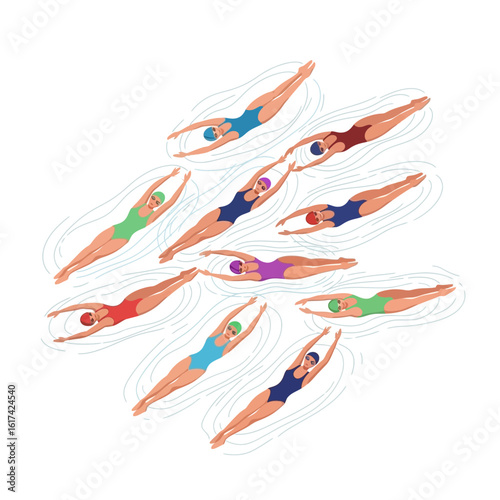 Illustration of a group of swimmers in colorful swimsuits swimming in formation, viewed from above, with water ripples around them.