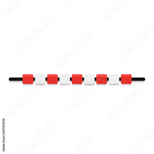 A string of alternating red and white square floats connected by a black rope, isolated on a white background.