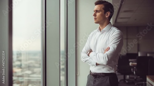 Pensive Businessman Gazing Out Window, Contemplating Cityscape in Office Setting
