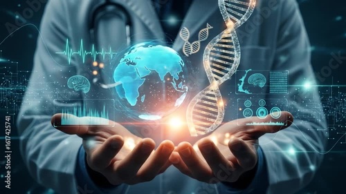 A doctor holds holographic projections of a globe and DNA, symbolizing futuristic global healthcare and genetic research.