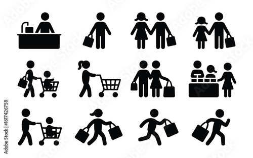 Shopping icons depicting buyers and retail scenarios icon set