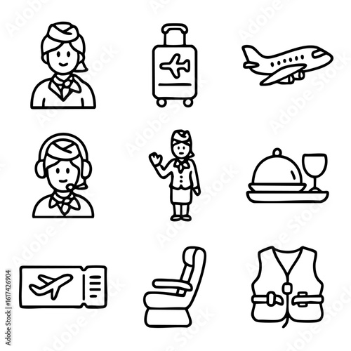 A set of doodle line icons featuring airline travel elements such as flight attendants, airplane, tickets, meals, and safety gear