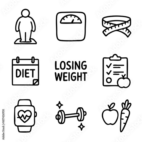 A set of doodle line icons illustrating weight loss concepts including diet plans, exercise, healthy food, scale, and progress tracking