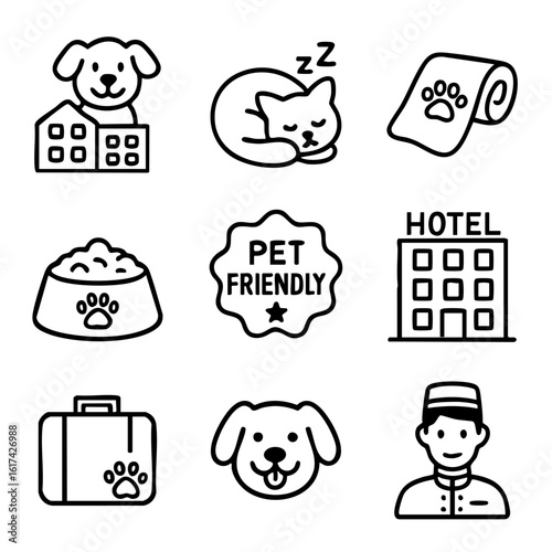 A set of doodle line icons featuring pet-friendly hotel elements including dogs, cats, luggage, food bowl, and hotel staff service