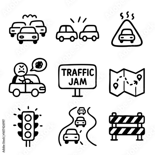 A set of doodle line icons showing traffic issues like congestion, accidents, roadblocks, angry drivers, and traffic signals