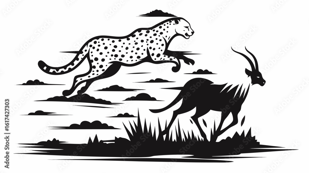 Fototapeta premium Illustration of a cheetah leaping over a gazelle in a stylized african landscape with grass and clouds silhouette