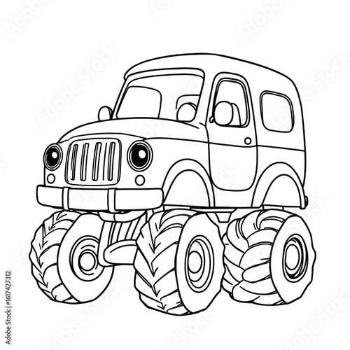 Cute car truck vehicles with big wheels line art hand drawn kawaii kids coloring