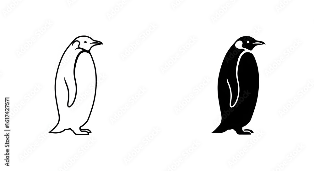 Naklejka premium Charming Emperor Penguin Silhouette and Outline - Adorable Antarctic Bird Design for Wildlife and Nature Themes in Monochrome