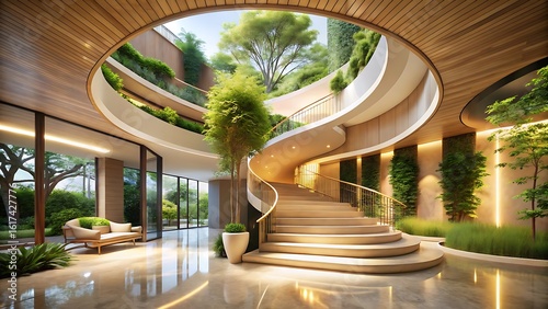 Modern biophilic architecture with a spiral staircase and indoor garden