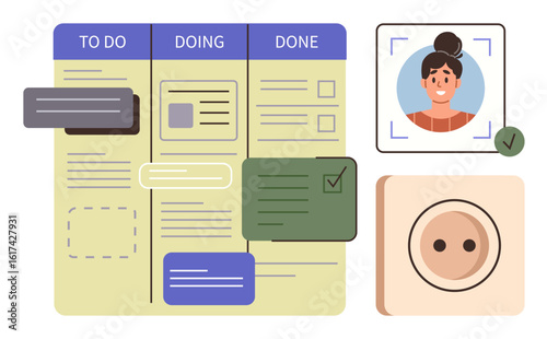 Kanban board with columns for tasks, user profile photo with verification status, and a checkbox symbol. Ideal for project planning, workflow optimization, productivity, user management