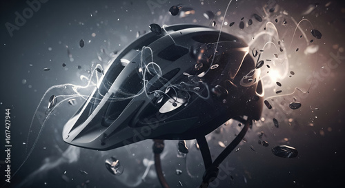 Cinematic 3d render of a black bicycle helmet exploding with light, energy and shattered particles on a dark background