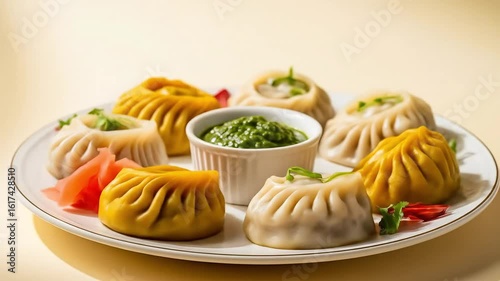 Assorted momo dumplings on a plate with dipping sauce
