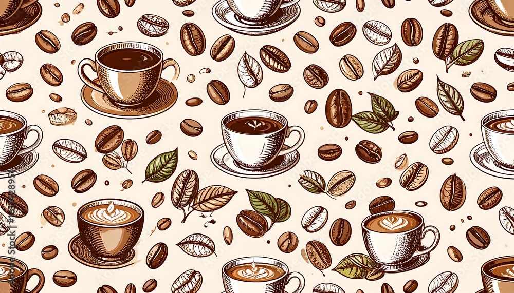 Obraz premium Coffee cups and beans seamless pattern