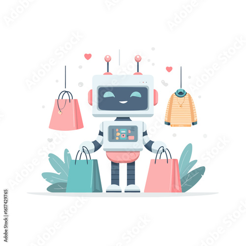 A friendly robot character enjoys shopping, holding bags surrounded by clothes and hearts.