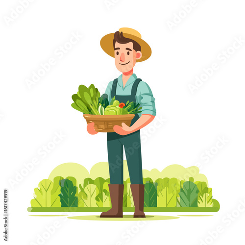 Cartoon farmer wearing a straw hat and overalls, holding a basket filled with freshly harvested vegetables in a field.