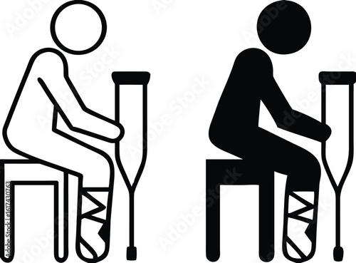 Broken Leg Icons. Black and White Vector Illustration. Man Sitting On Chair With Plaster On Leg. Injury, Illness, Medicine. Disability Concept.