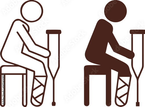 Broken Leg Icons. Black and White Vector Illustration. Man Sitting On Chair With Plaster On Leg. Injury, Illness, Medicine. Disability Concept.