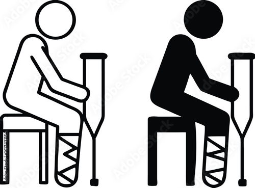 Broken Leg Icons. Black and White Vector Illustration. Man Sitting On Chair With Plaster On Leg. Injury, Illness, Medicine. Disability Concept.