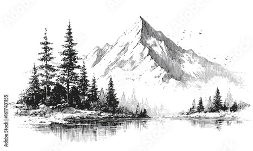 Fototapeta Naklejka Na Ścianę i Meble -  Snowy mountain, forest, lake scene