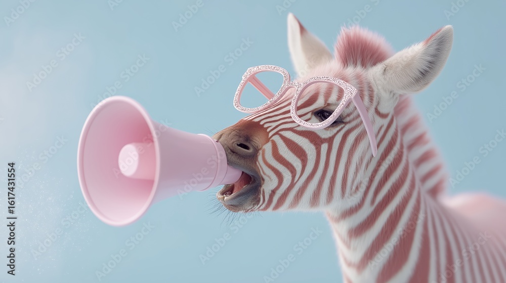 Naklejka premium Quirky zebra with rhinestone-studded pink sunglasses using a bright megaphone. A humorous and surreal scene for bold, creative marketing, sale, discount message and shopoholic, online shopping