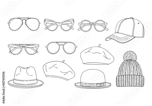 Vector art of collection of fashion accessories and headwear isolated on white background