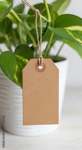 Wallpaper Mural Blank kraft tag hangs from lush green plant, perfect for gift or sale Torontodigital.ca