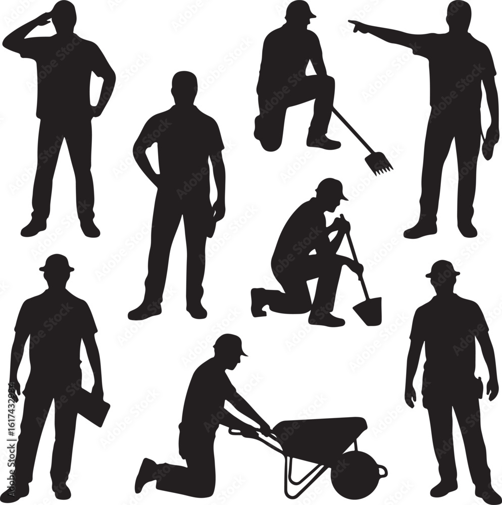 Obraz premium American Worker Silhouette IllustrationHardworking Laborer Silhouette VectorConstruction Worker with Tools SilhouetteStrong American Worker Outline ArtIndustrial Worker Silhouette Design