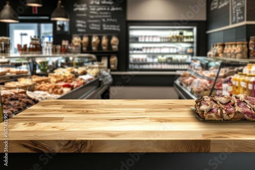 Empty wooden table in front of a bustling deli