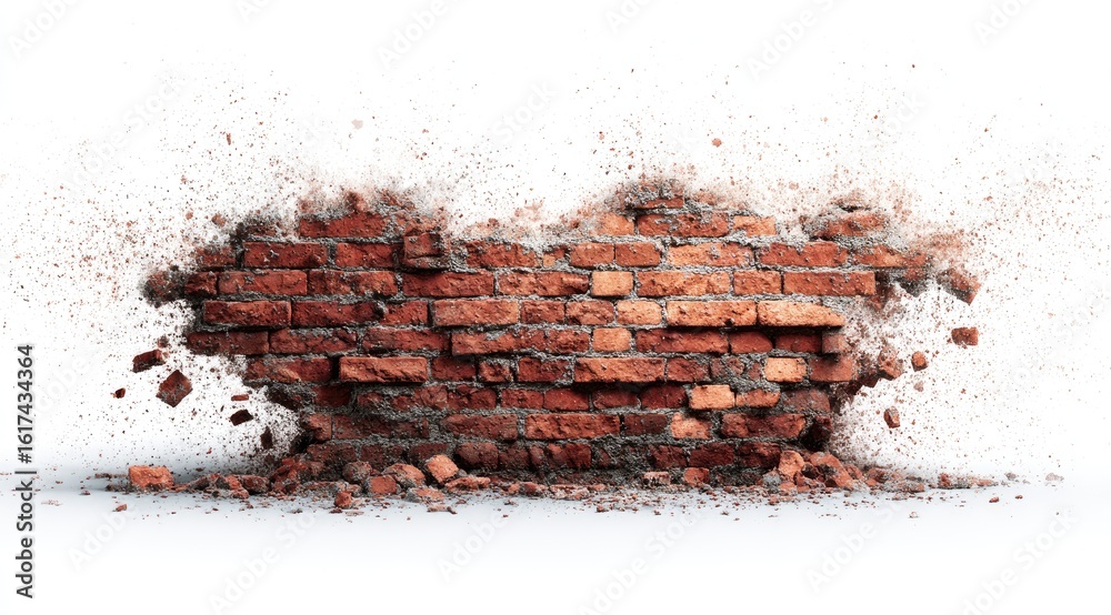 Fototapeta premium Brick wall explodes, debris scattered