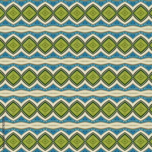 Stylized olive green and blue abstract pattern with symmetrical diamond motifs and decorative layering. A contemporary look with vintage textile flair.
