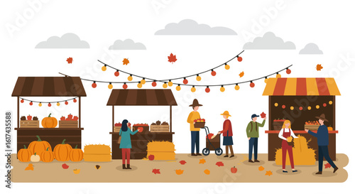 Autumn Market Scene with Pumpkins and Festive Lights