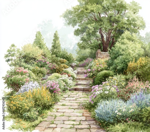 Fototapeta Naklejka Na Ścianę i Meble -  Watercolor garden path, flowers, trees