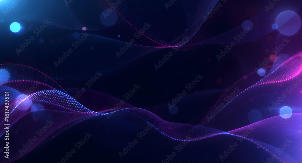 Fototapeta premium Abstract glowing particle waves background. Futuristic digital design with blue and pink light and bokeh effect.