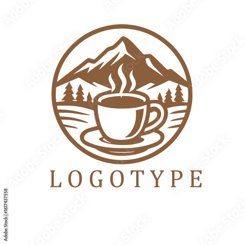 chocolate and white circular logo showcasing a steaming coffee cup set against a bold mountain landscape—clean lines, strong contrast, and a rugged yet cozy outdoor vibe.
