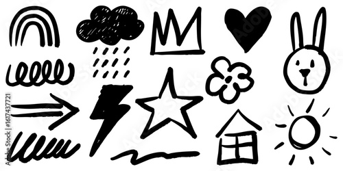 Collection of hand drawn doodle icons in black ink featuring simple playful sketches including rainbow, cloud, crown, heart, bunny face, flower, star, lightning, house, and more.