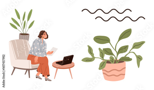 Woman reviewing documents near a laptop on a coffee table, framed by potted plants and wavy abstract lines. Ideal for remote work, home office, productivity, minimalism, wellness, comfort, simple