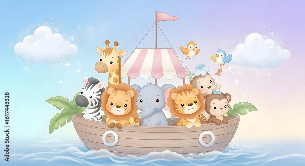 Fototapeta premium Animal Friends Voyage: A charming illustration of a group of friendly animals sailing on a wooden boat, symbolizing unity and adventure under a colorful sky.