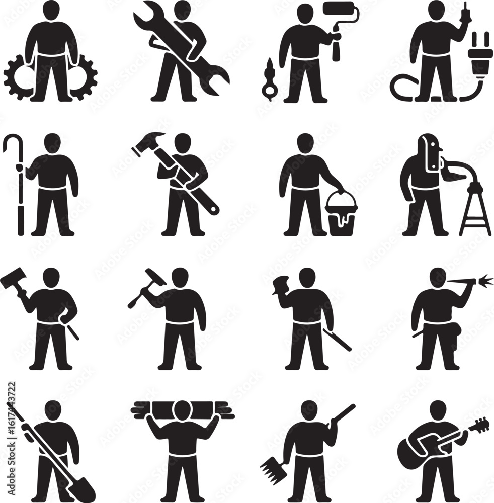 Obraz premium American Worker Silhouette IllustrationHardworking Laborer Silhouette VectorConstruction Worker with Tools SilhouetteStrong American Worker Outline ArtIndustrial Worker Silhouette Design