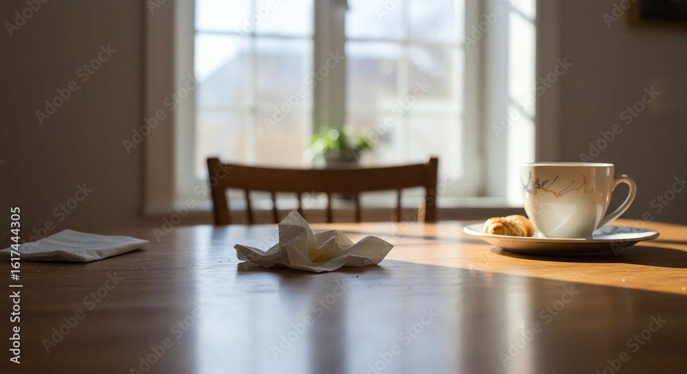 Bright Kitchen Table with Coffee Cup and Croissant in Natural Light Bright Kitchen Table with Coffee Cup and Croissant in Natural Light